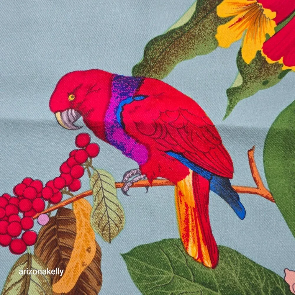 Vintage Silk Scarf Parrots Bird Hand Rolled Edges